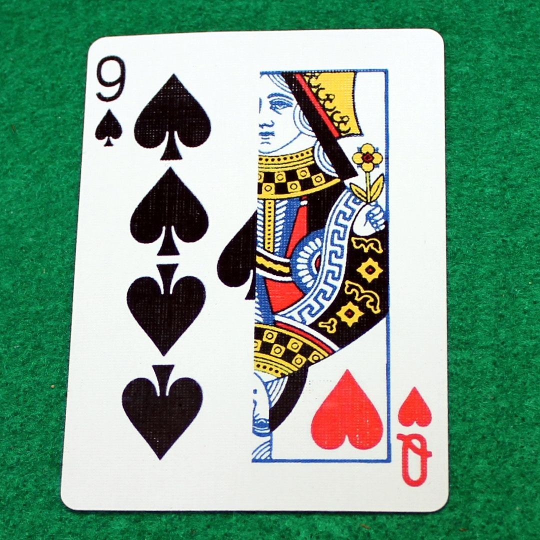 9 of Spades / Queen Hearts, Half Vertical, Bicycle Printed Gaff Card, Red