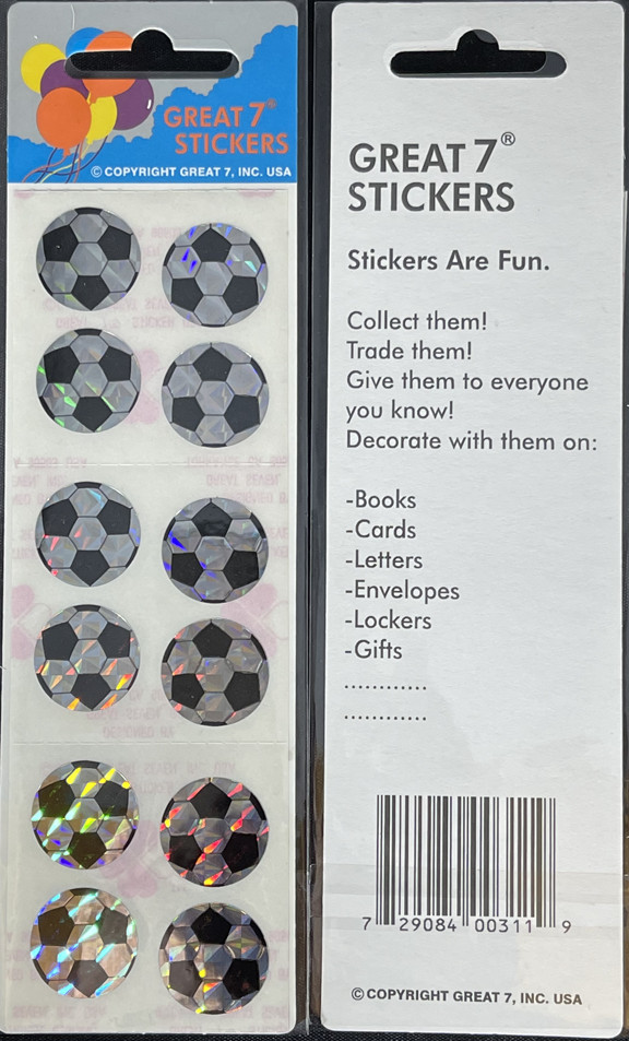 12 packages of Prismatic Soccer Ball Stickers, "Great 7" Sticker design, PPZ6203