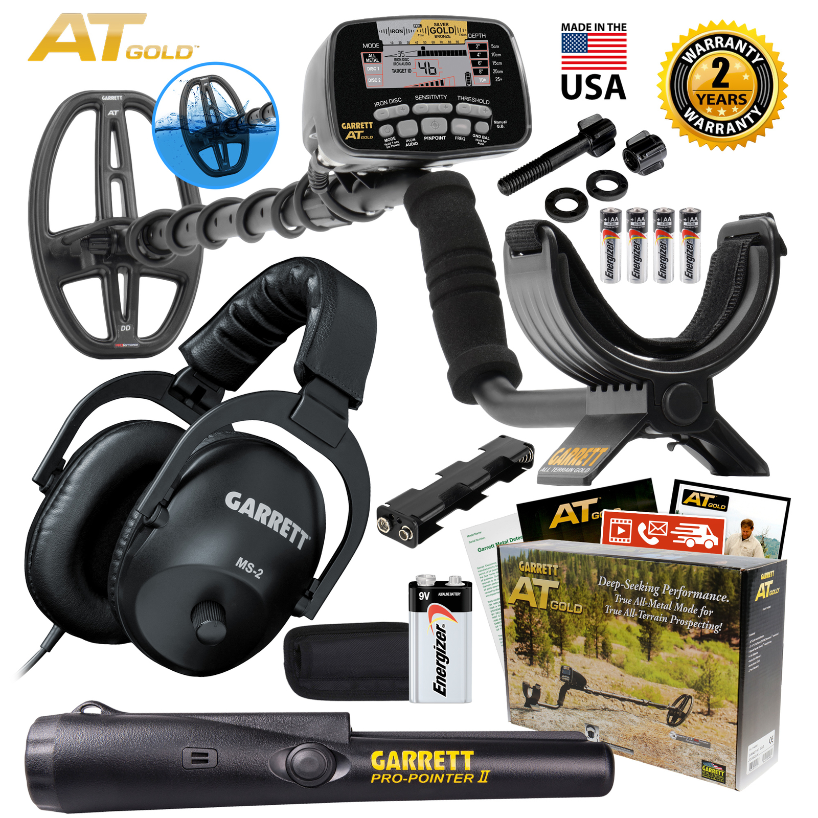 Garrett AT Gold Waterproof Metal Detector with MS-2 Headphones and ProPointer II