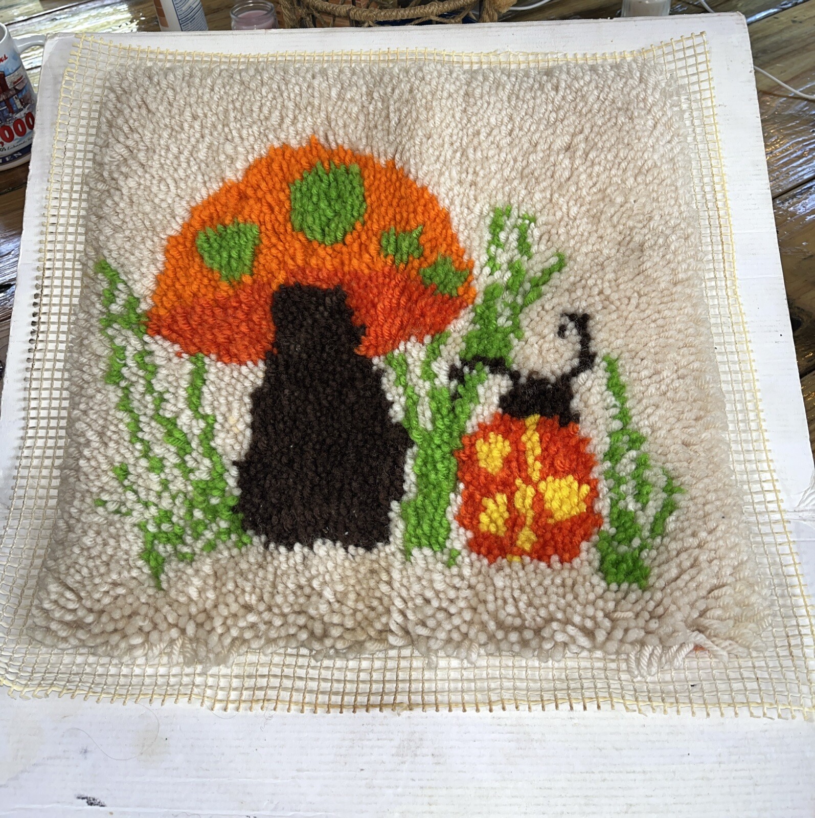 Vintage 70s Latch Hook Completed Toadstool Mushroom Ladybug 14 Inch Square