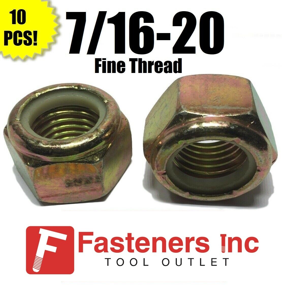 (Qty 10) 7/16-20 Fine Grade 8 Nylon Insert Lock Nuts Nylock Yellow Zinc Plated