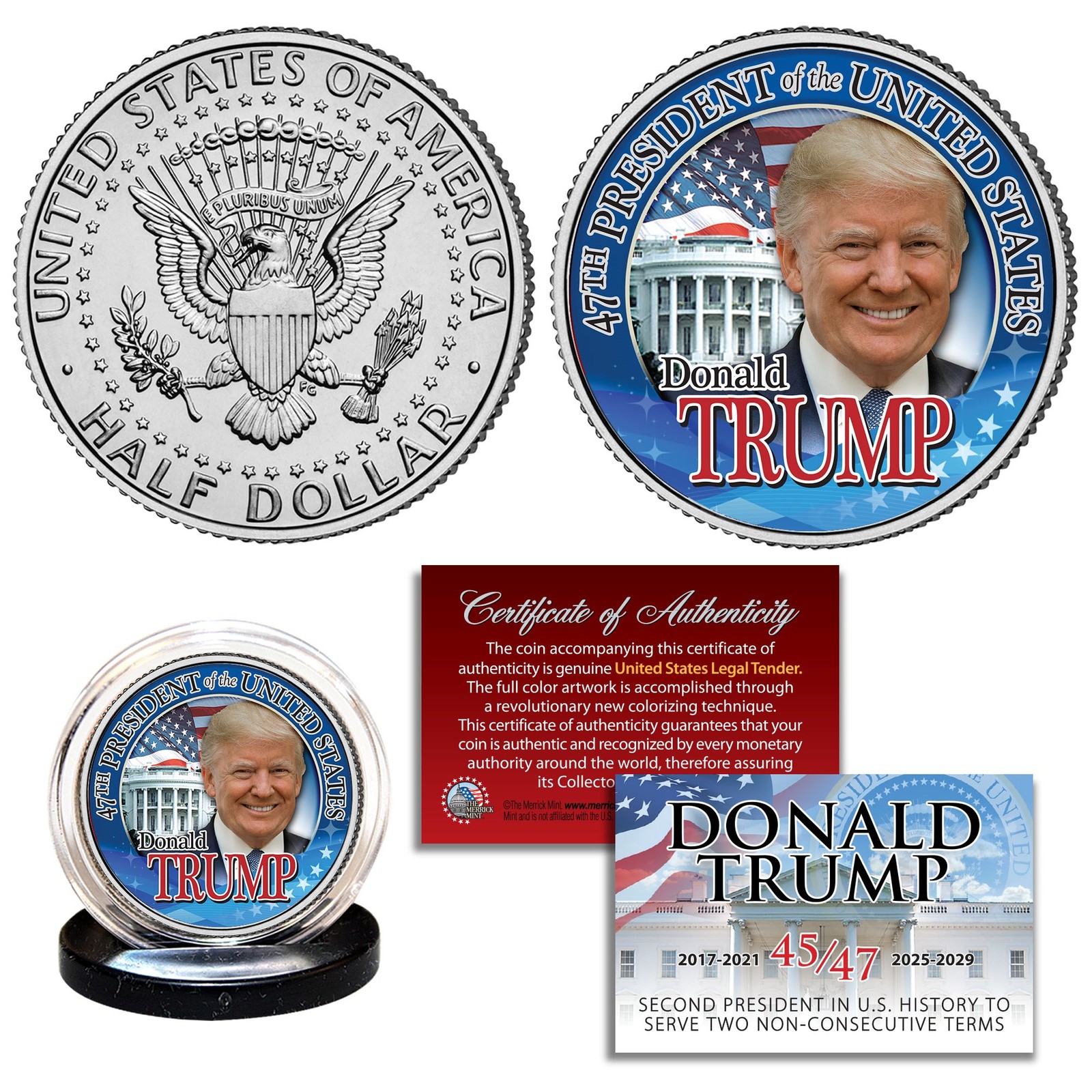 DONALD TRUMP 47th PRESIDENT Colorized Authentic JFK Kennedy Half Dollar Coin COA
