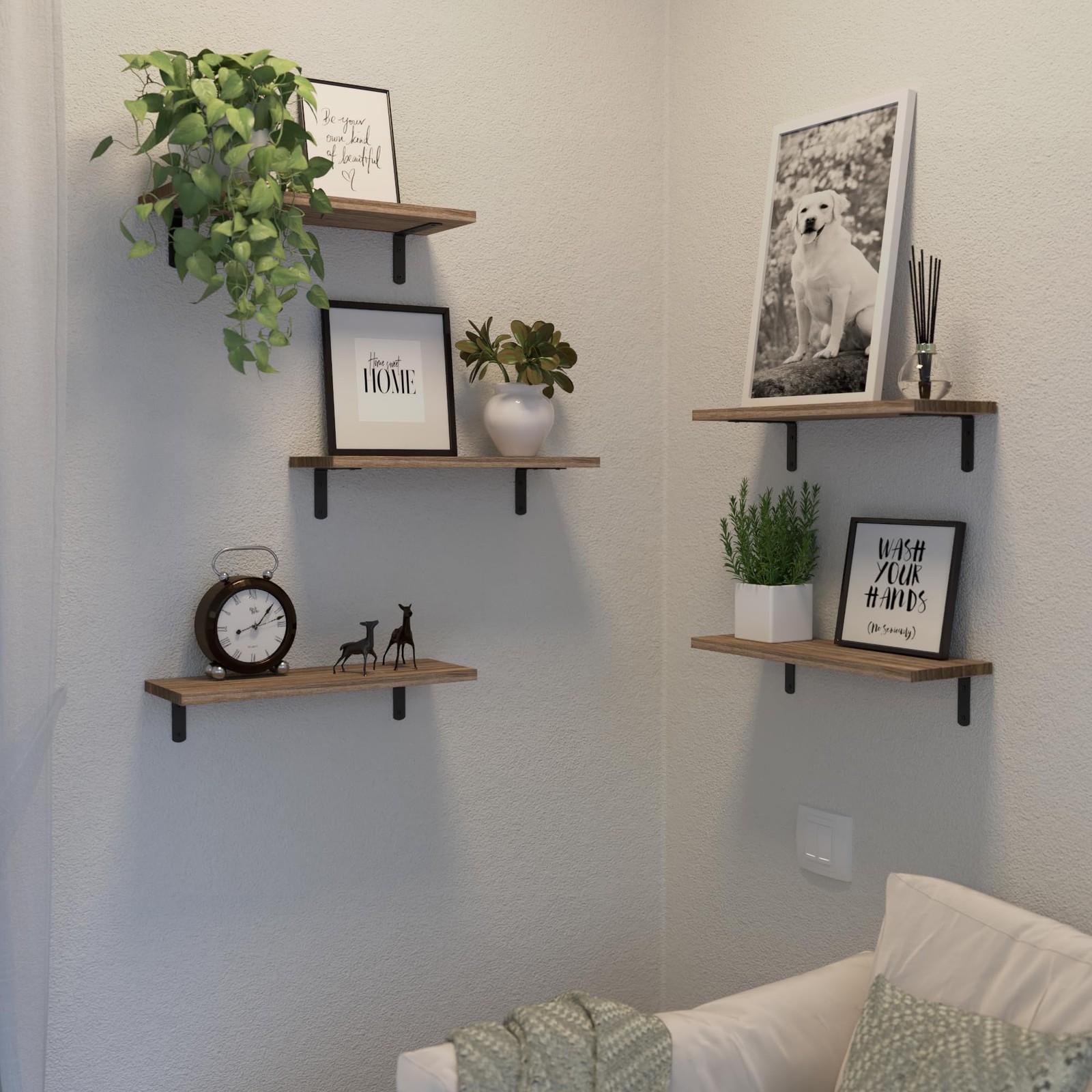 DOLLFIO Floating Shelves, 5 Sets Wall Wood Basic, Rustic Brown