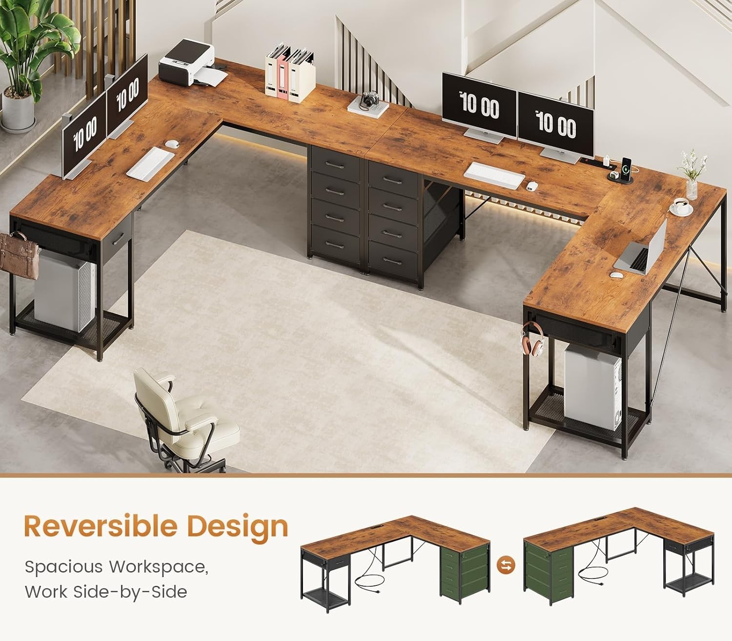 57" L Shaped Desk with 5 Drawers, Reversible Computer Corner Desk with Storage