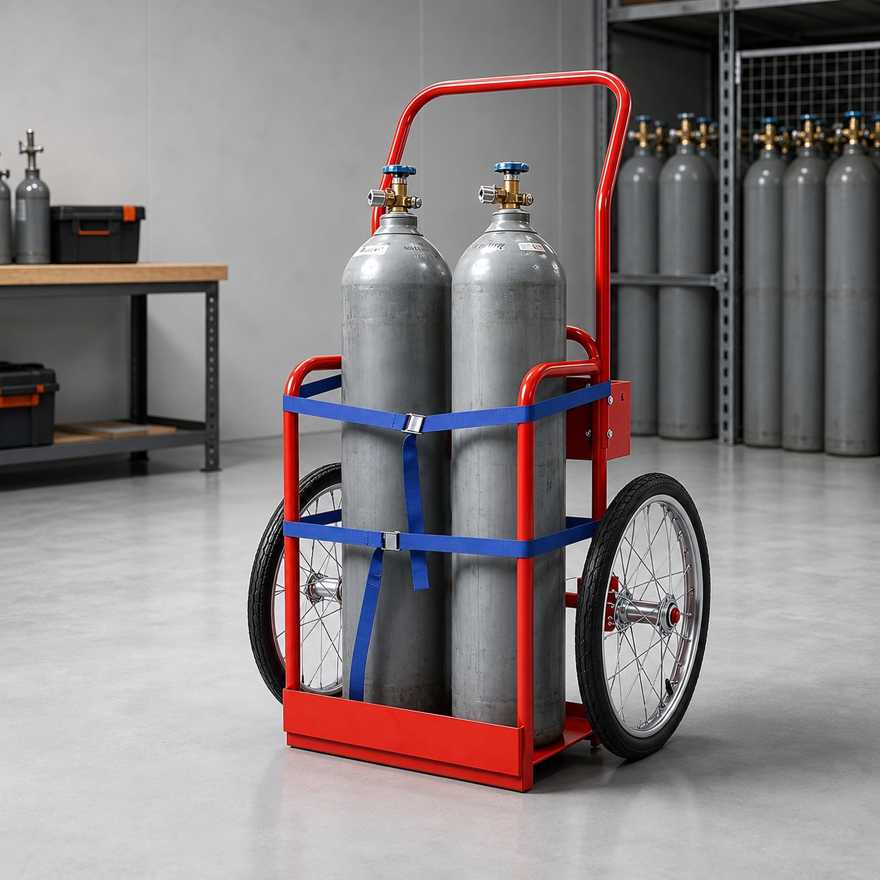 Dual Oxygen Tank Cart 20in Pneumatic Wheels Double Cylinder Dolly with Straps
