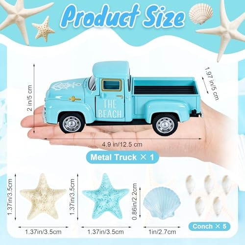 Summer Beach Decor 5 Inch Vintage Truck with Mini Seashells and Starfish Blue