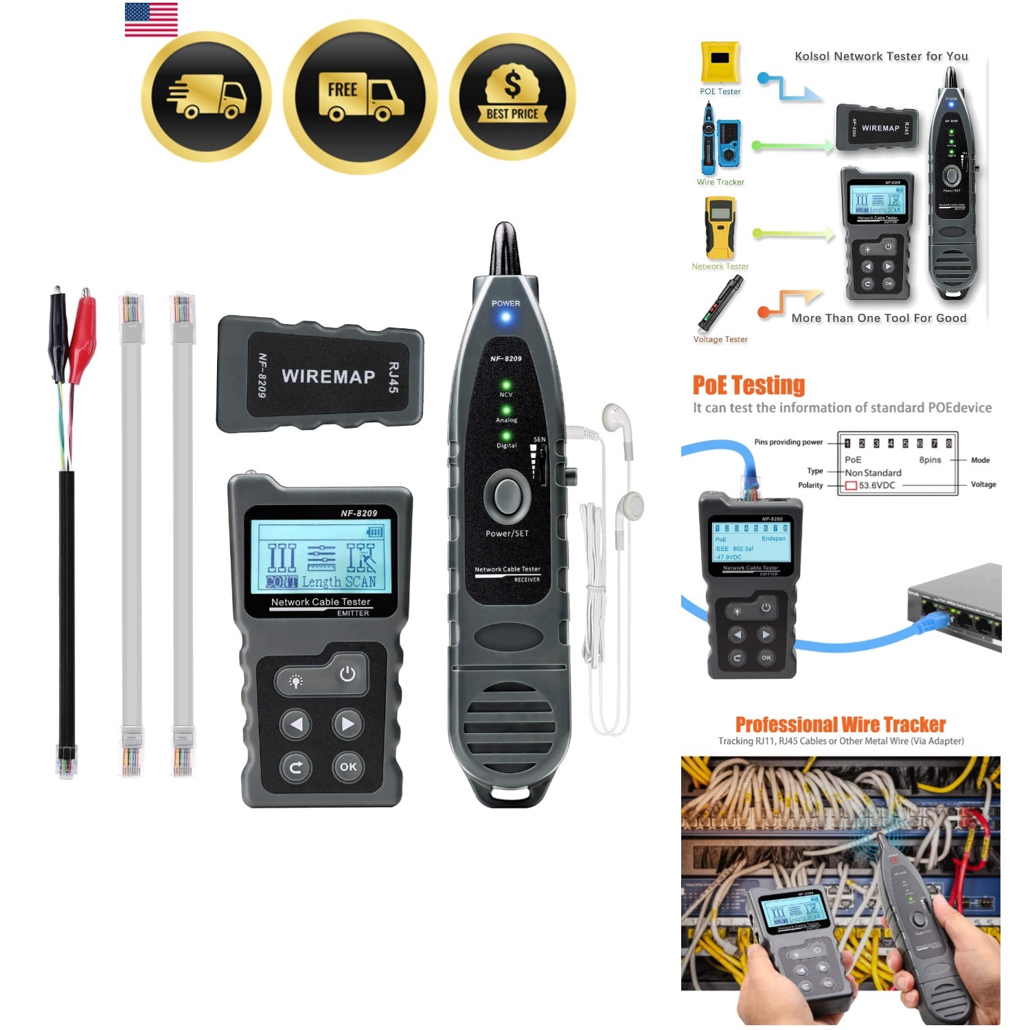 Network Cable Tester, Ethernet Wire Tracer with NCV & Lamp for , PoE Tester D...
