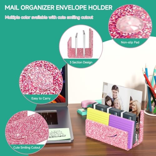 Mail Organizer Envelope Holder - Acrylic Mail 3 Compartments Glitter Pink