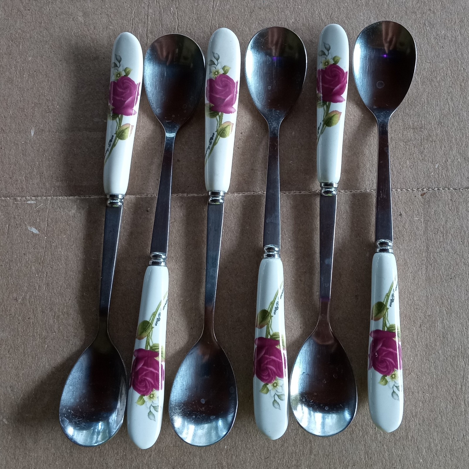Set of 6 Morning Rose Porcelain Handle Stainless Steel 6 in Teaspoons