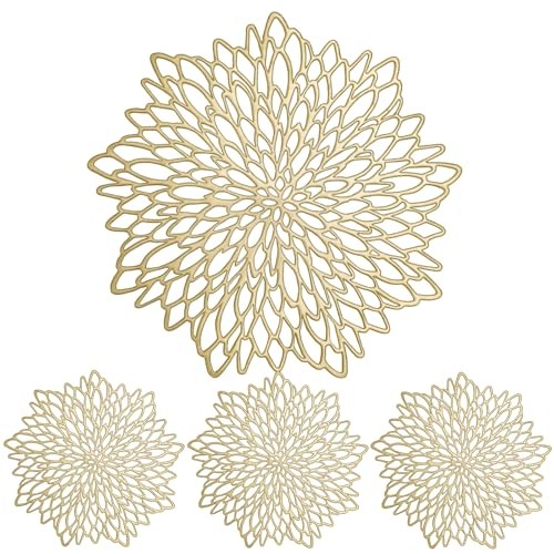 Set of 4 Round Placemats Flower Tablemats Vinyl Metallic Place Mats 4PCS Gold