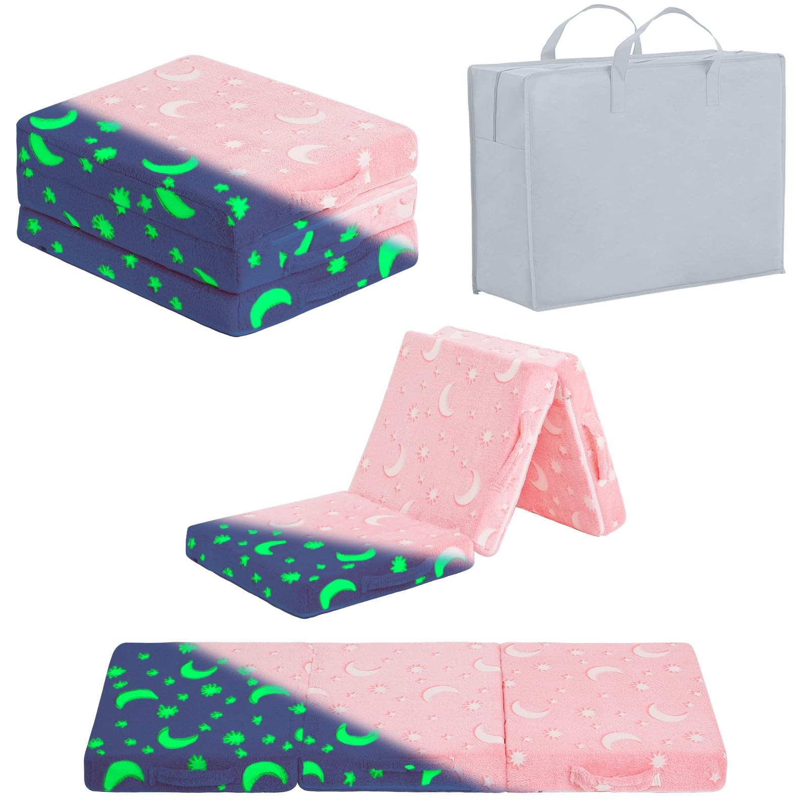 Foldable Floor Mattress for , Glow in The Dark Pink Moon Washable Tri Folding...