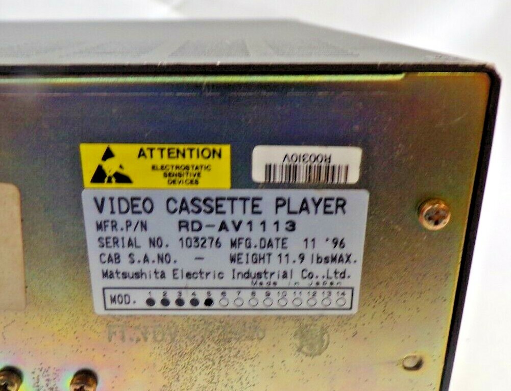 MATSUSHITA VIDEO CASSETTE PLAYER RD-AV1113 ,103276 , MFG DATE : 11/1996