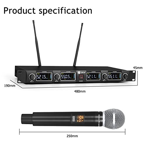 UW140 Wireless Microphone System, 4-Channel UHF Cordless Mic Set with Four