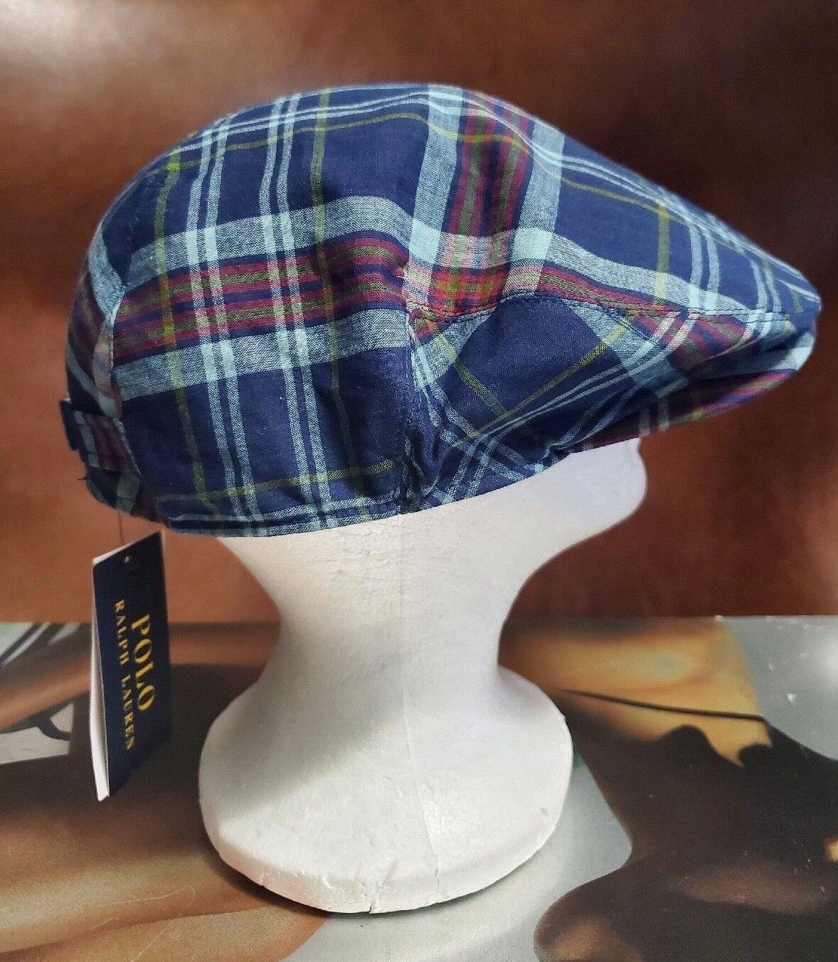 POLO RALPH LAUREN BLUE MADRAS PLAID COTTON MENS CABBIE/DRIVER HAT (SM, L/XL) NWT