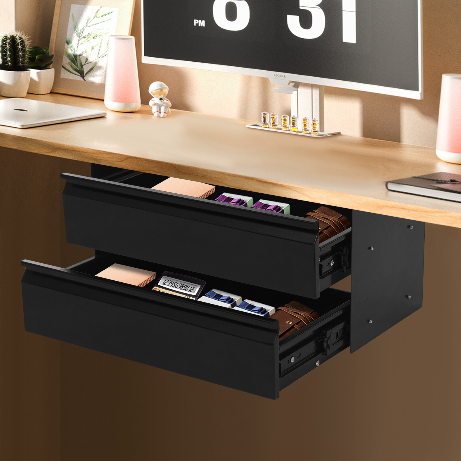 Black Dual Level 16" Pull Out Under Desk Storage Drawer Set