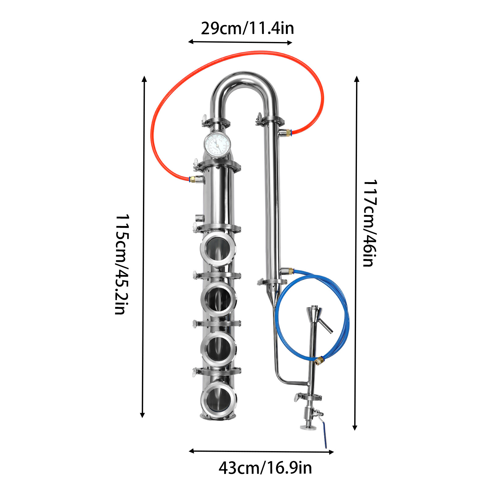 4" 4 Plate Stainless Moonshine Flute Still Column with Copper Bubble Plates