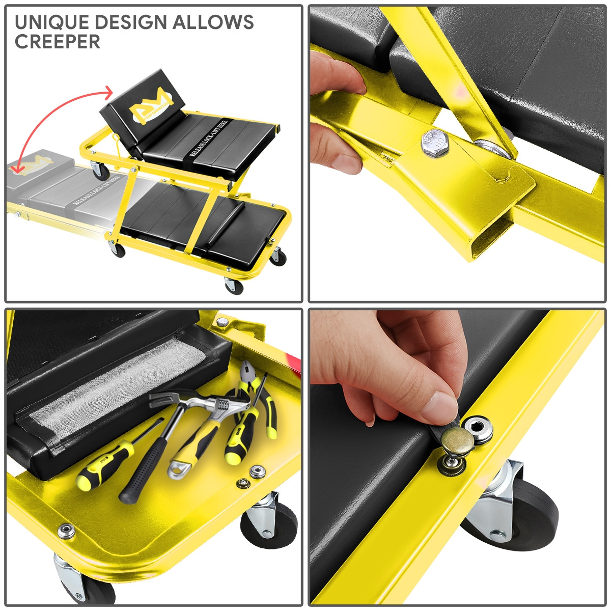 2-IN-1 48" Foldable Z Creeper Mechanics Garage Work Stool Rolling Chair Yellow