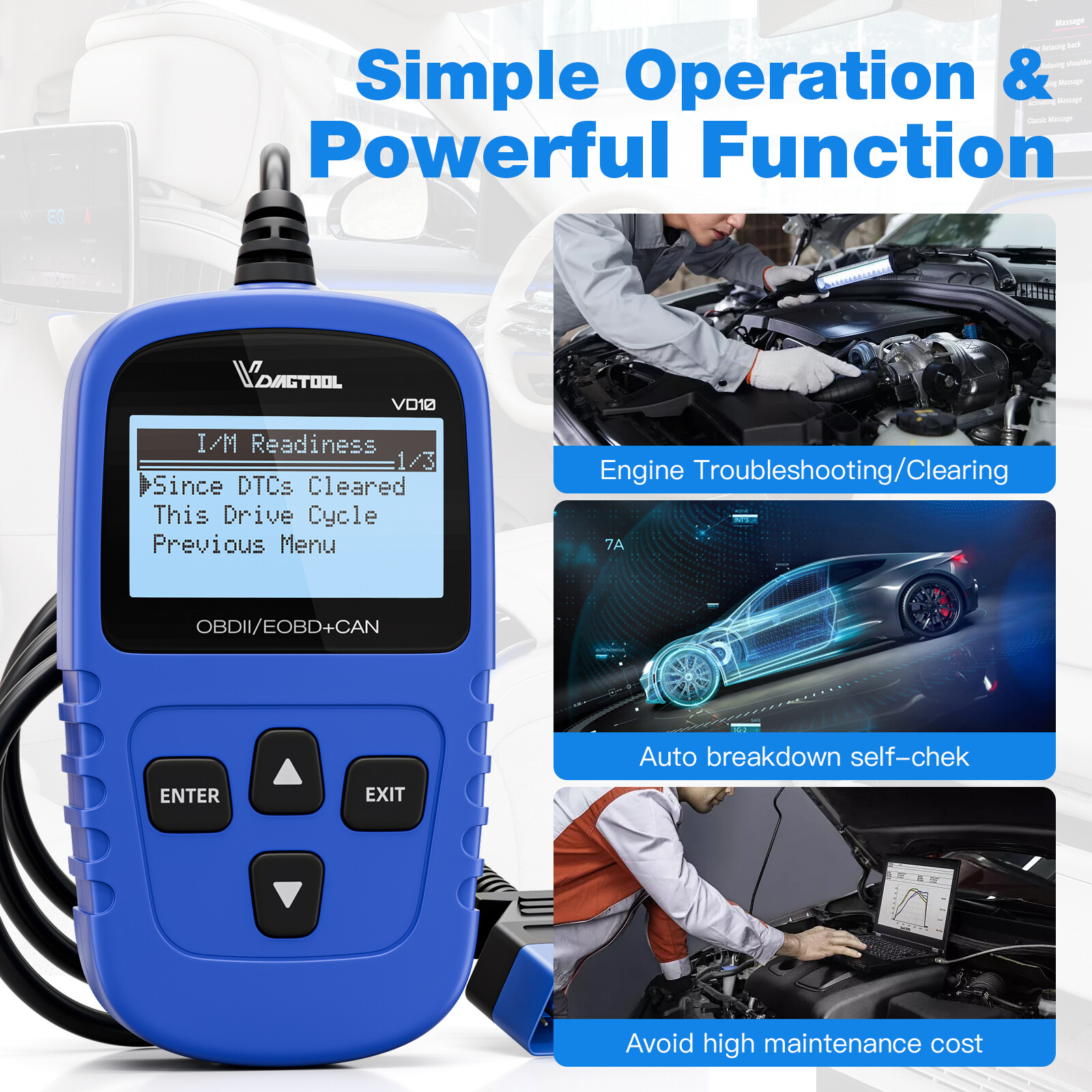 VDIAGTOOL VD10 OBD2 Scanner Car Diagnostic Tool Code Reader Engine DTC Lookup US