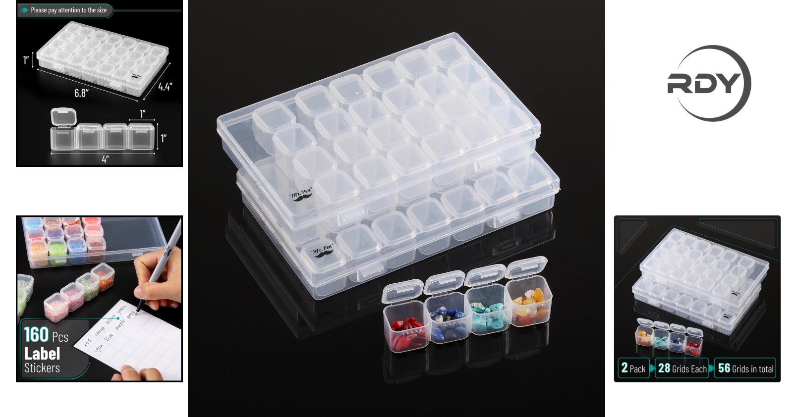 28-Grid Bead Storage Containers - 2 Pack with 160 Label Stickers for Crafting
