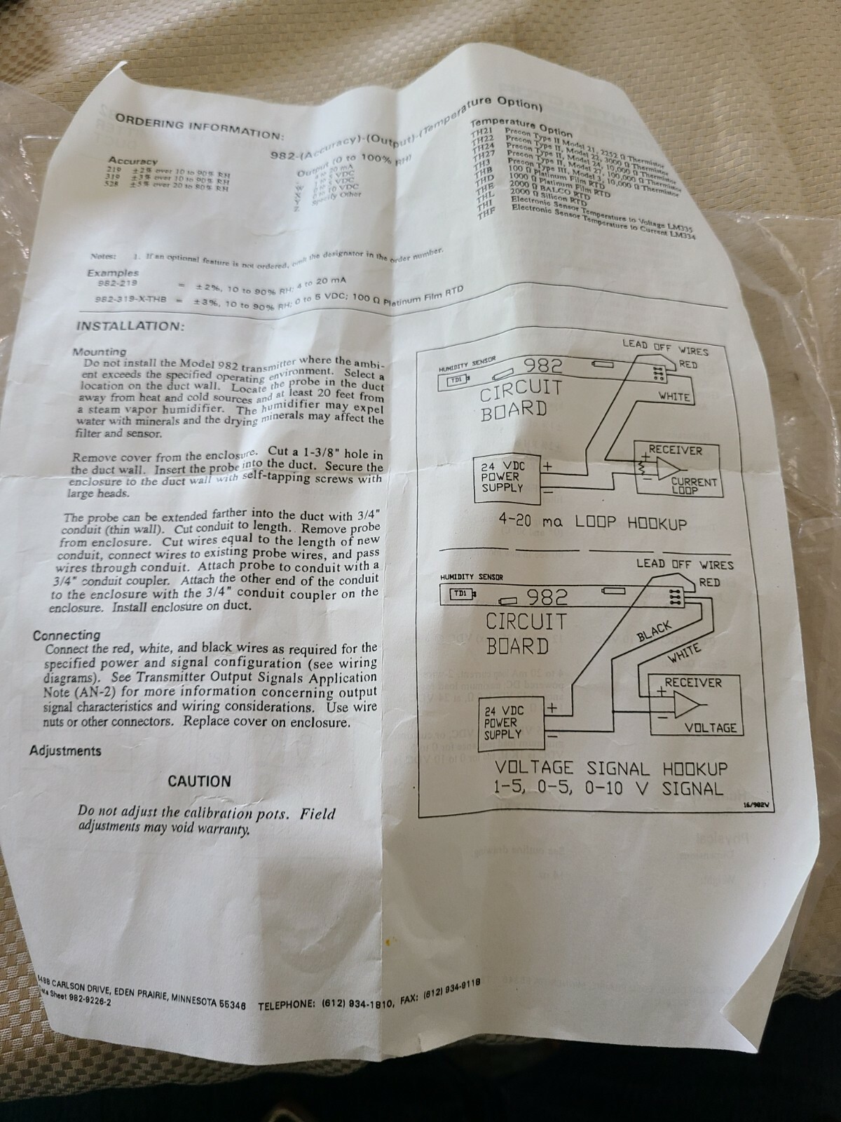 DriSteem Duct Relative Humidity Transmitter Model 982 - NEW