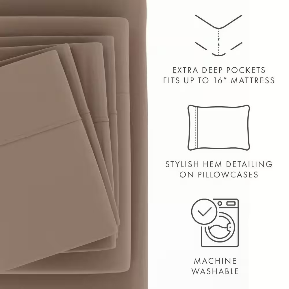 6-Piece Taupe Solid Microfiber King Sheet Set Free Shipping New