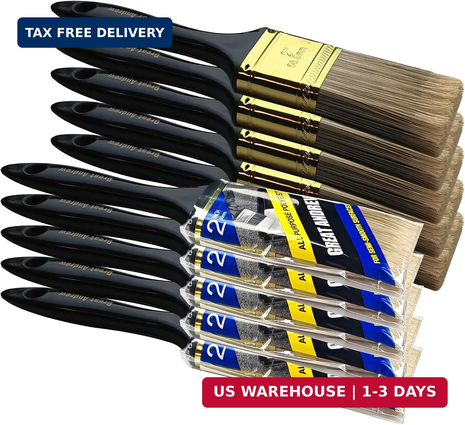 Great Andrew Paint Brushes, 10 PCS 2" Bulk Paint Brush Pack | Multi Use, Flat Pa