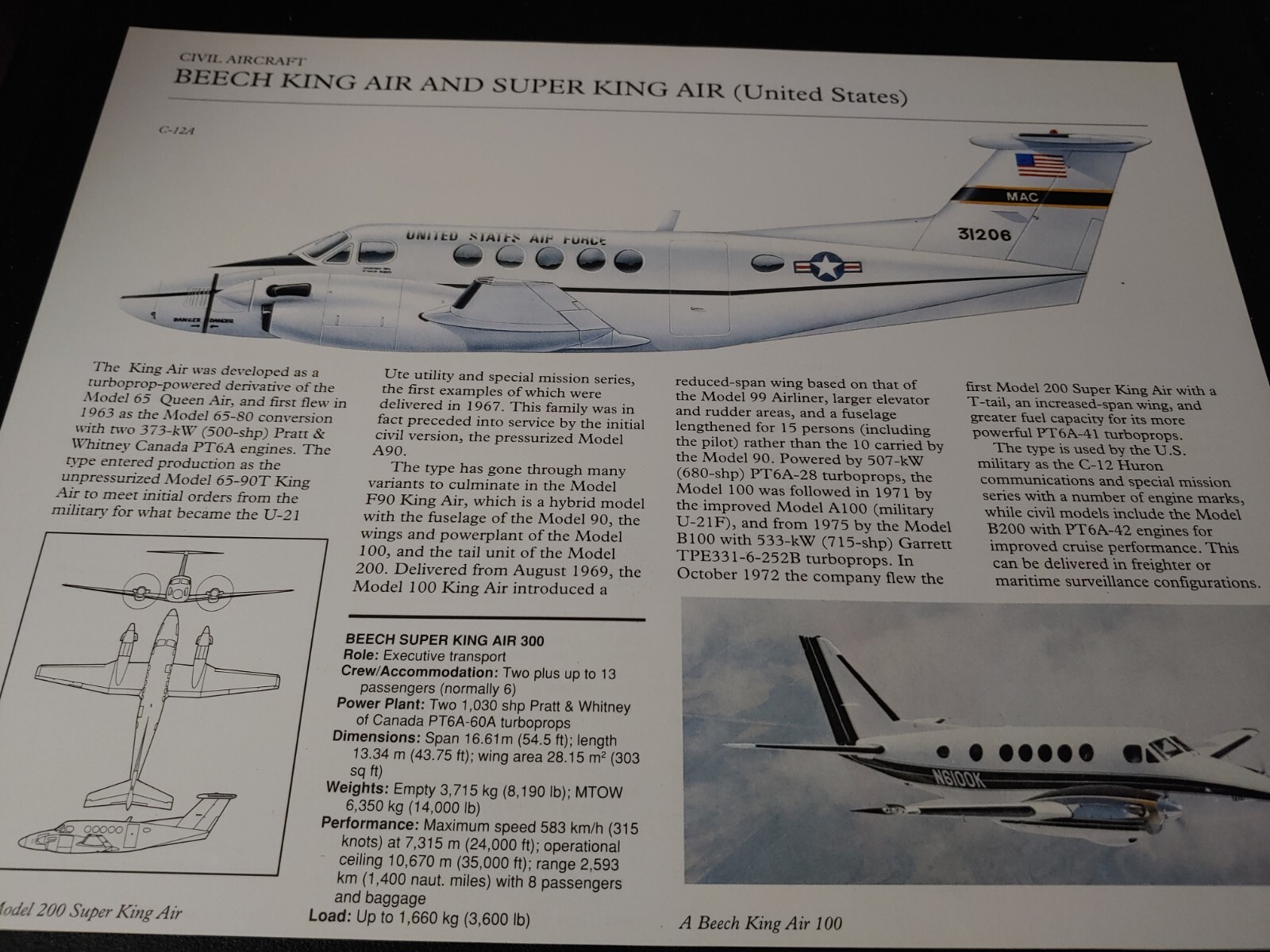 Beech King Air Aircraft Picture Out of Print Article Spec Sheet Wall Art