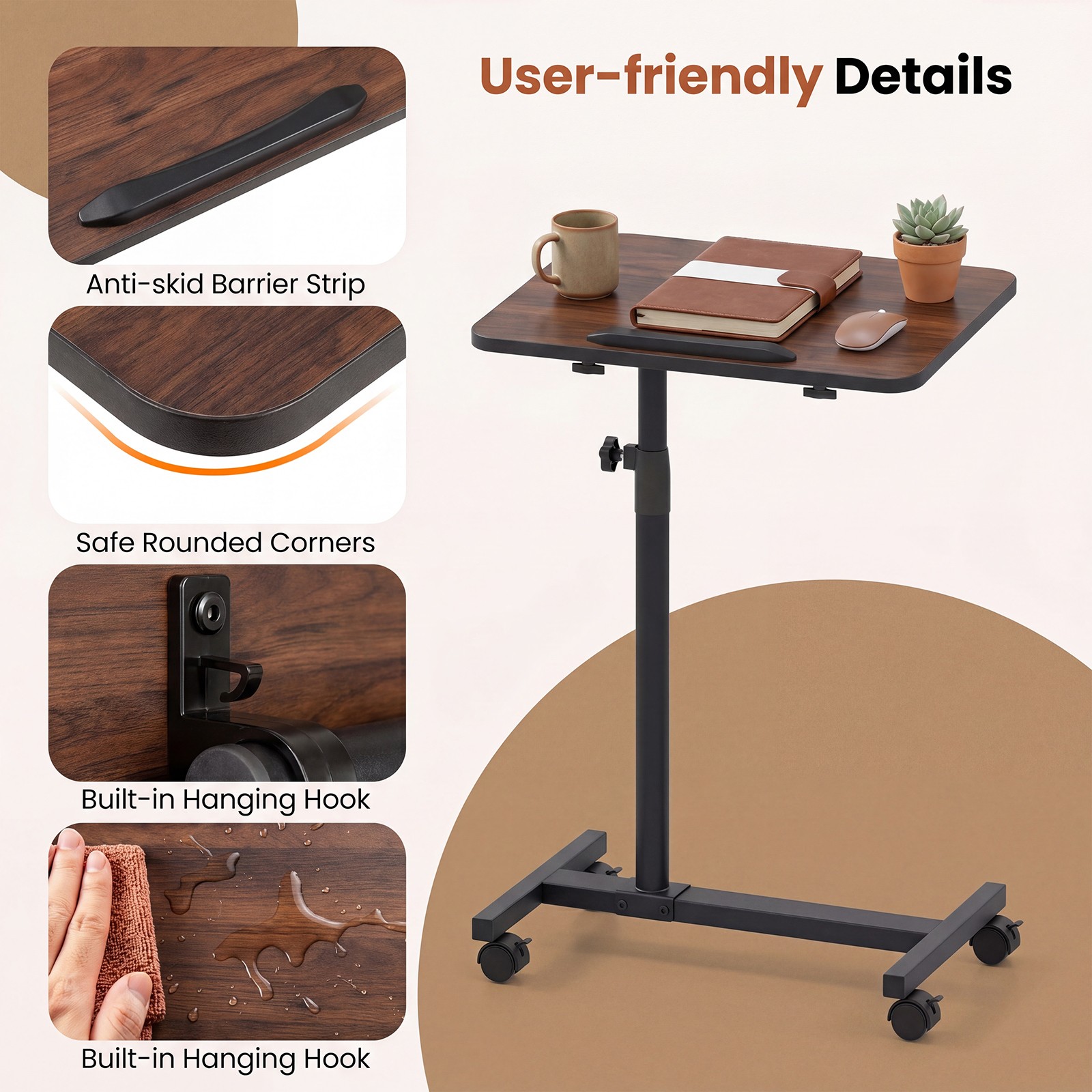 Overbed Table w/Lockable Wheels, Adjustable Height, 360° Swivel for Small Spaces