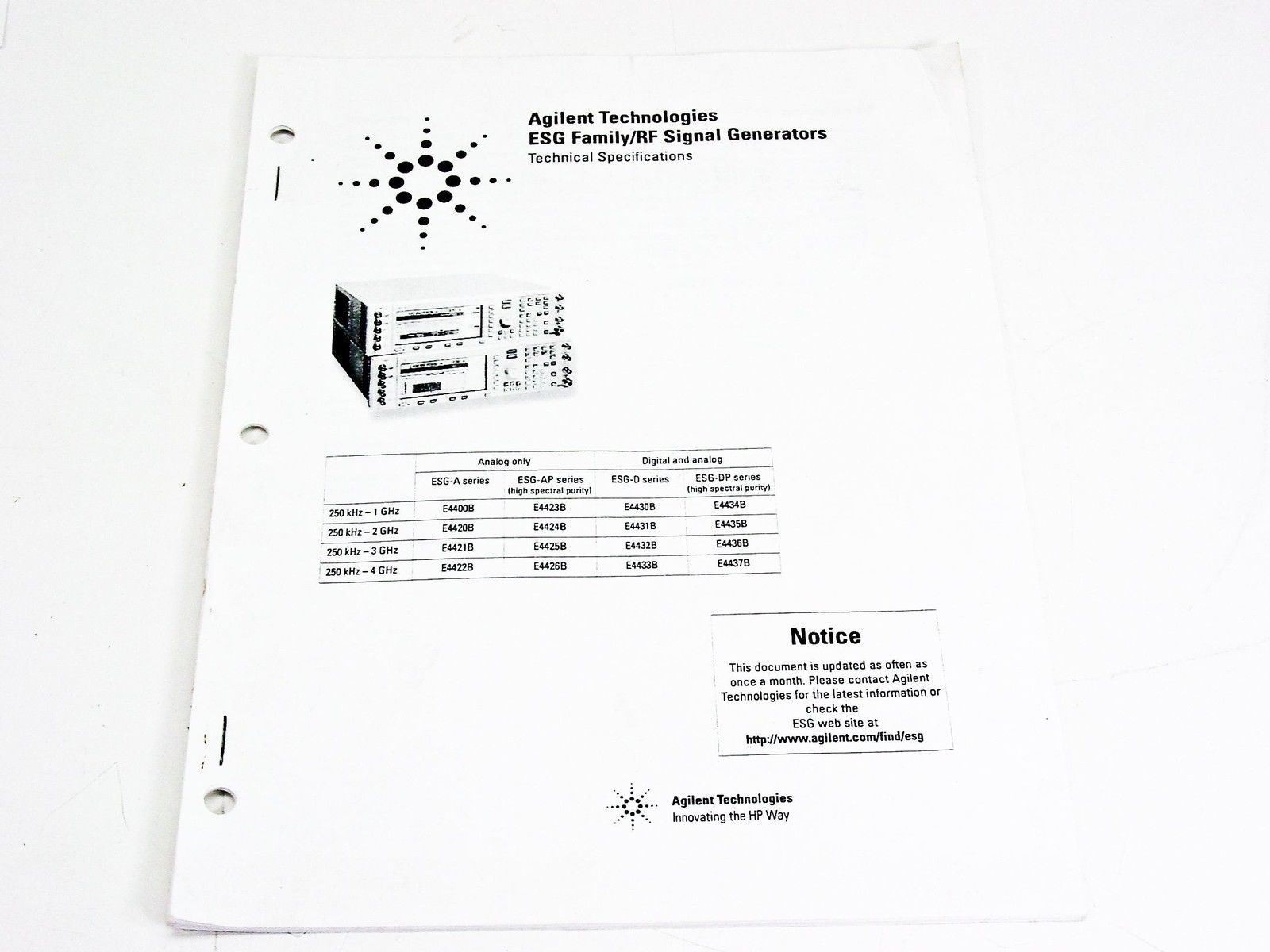Agilent HP ESG Family RF Signal Generators Technical Specifications 5965-3096E