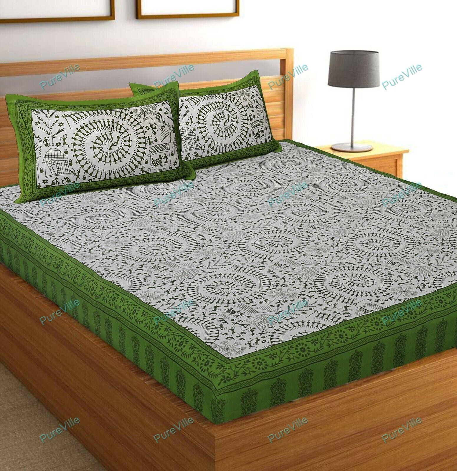 Geometric Printed Pure Cotton Double Bed Sheet With 2 Pillow Cover Green