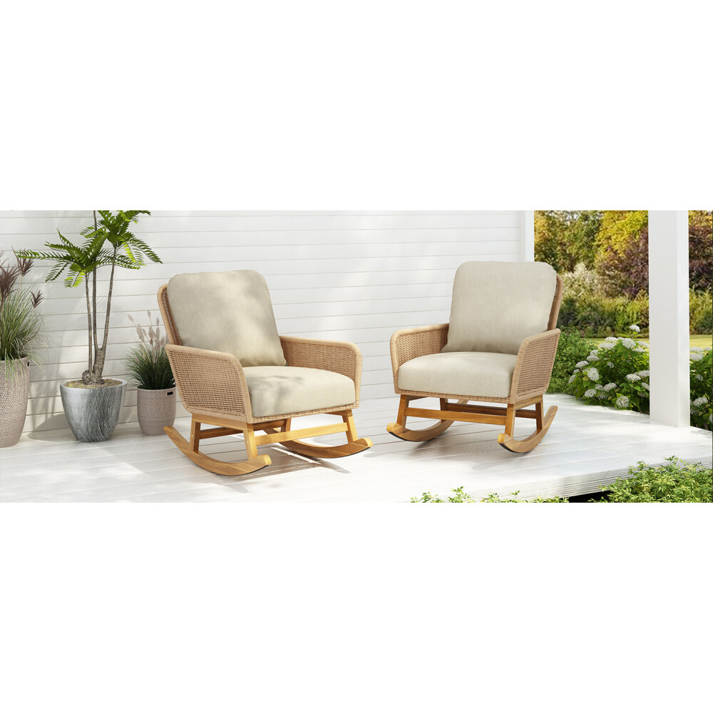 2pcs Wicker Rocking Chair with Soft Polyester Cushions and Durable Wooden Frame