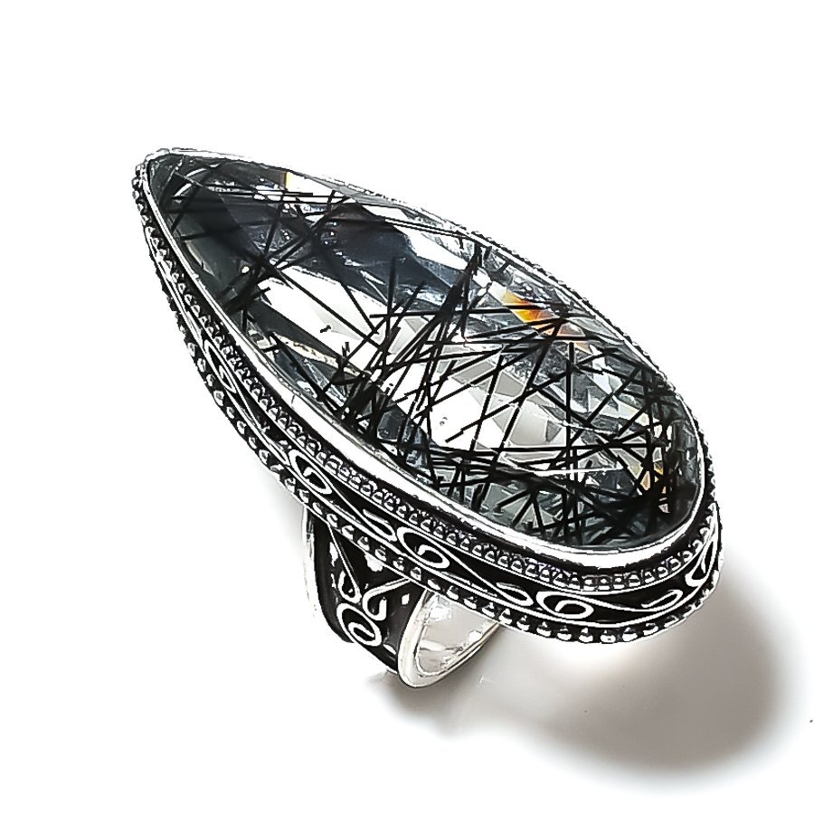 Black Rutile Gemstone Handmade 925 Sterling Silver Jewelry Ring Size 8 I893