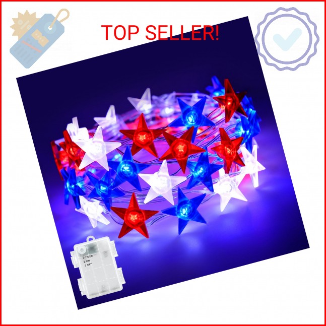 cshare 4th of July Lights Battery Operated, Red White and Blue Lights with Timer