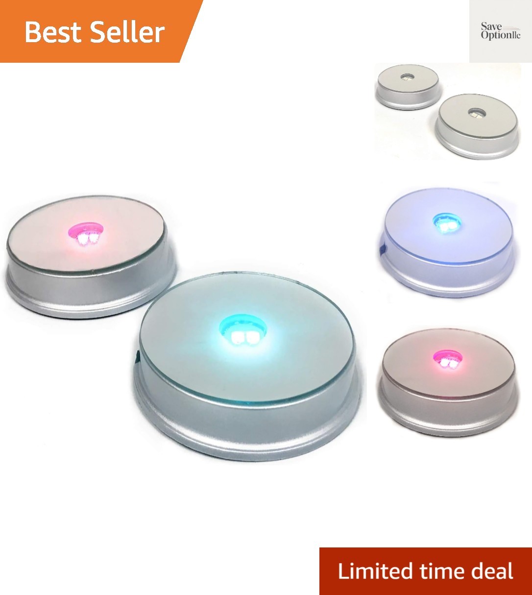 Merchandise Display Base Non Rotating, LED Lighted, Mirrored Top, 3 Color Cha...