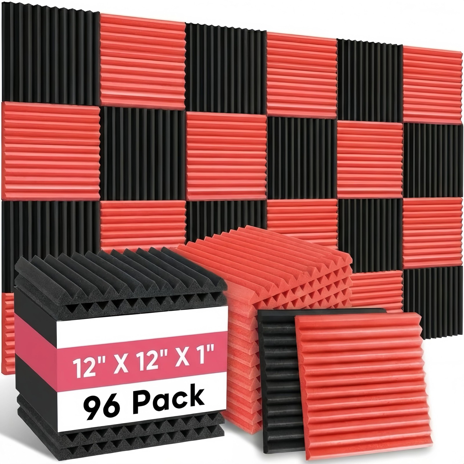 96 Pack Black/RED 12 "X 12 "X1" Acoustic Panels Studio Soundproofing Foam Wed...