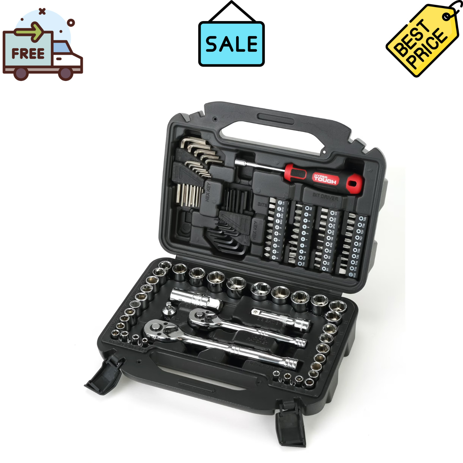 Hyper Tough 110 Piece Tool Set Household Repair Mechanic Tool Kit Case