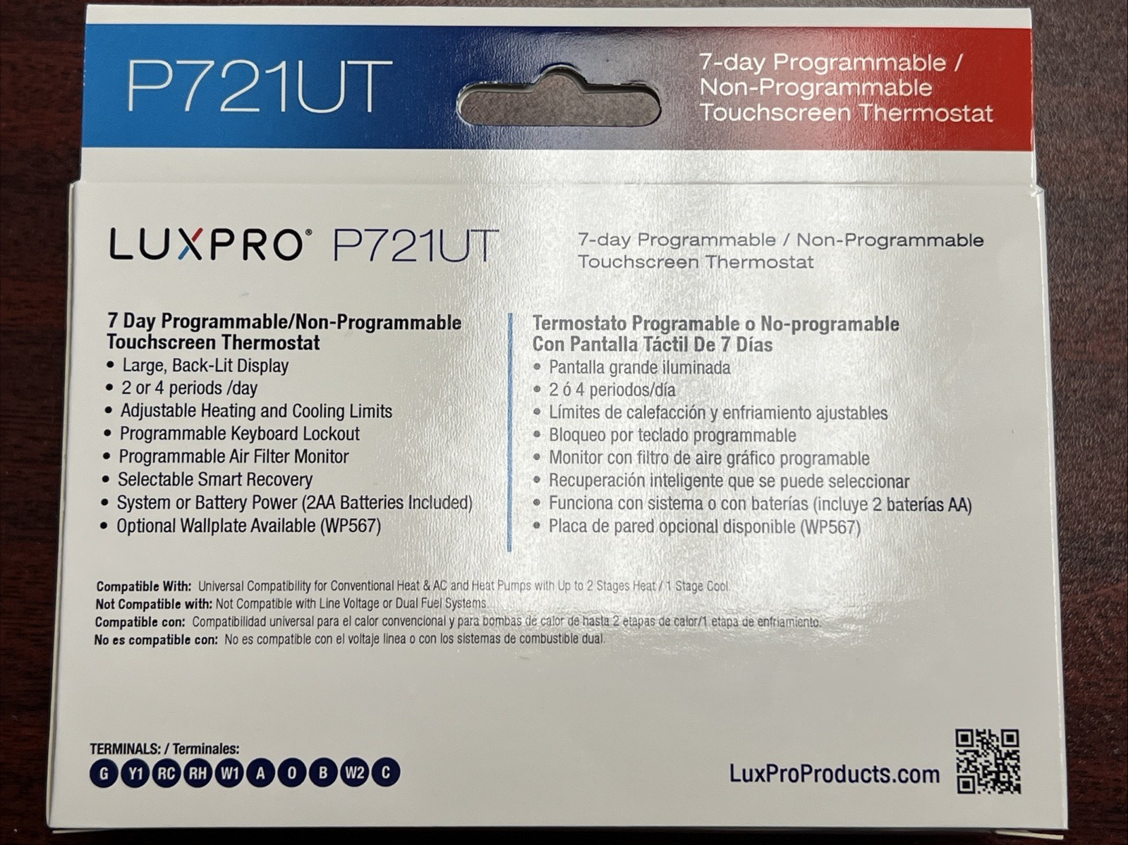 LuxPro Universal 7-Day Touchscreen Programmable or Manual Thermostat P721UT
