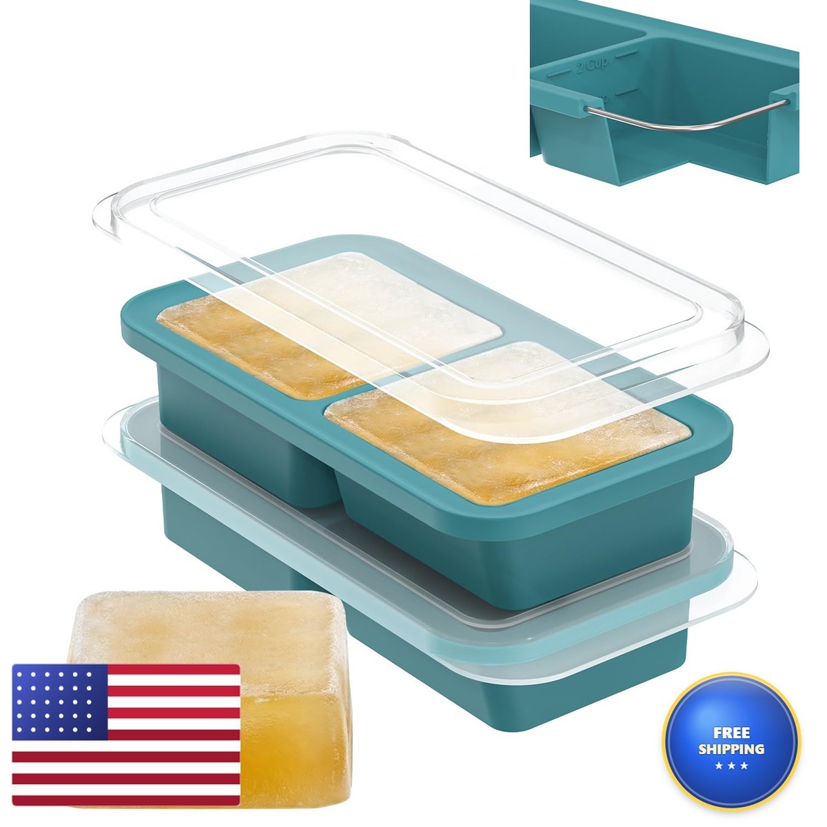 DOQAUS Silicone Freezer Molds 2-Cup Ice Cube Trays with Lid 2 Pack 2-Cavity