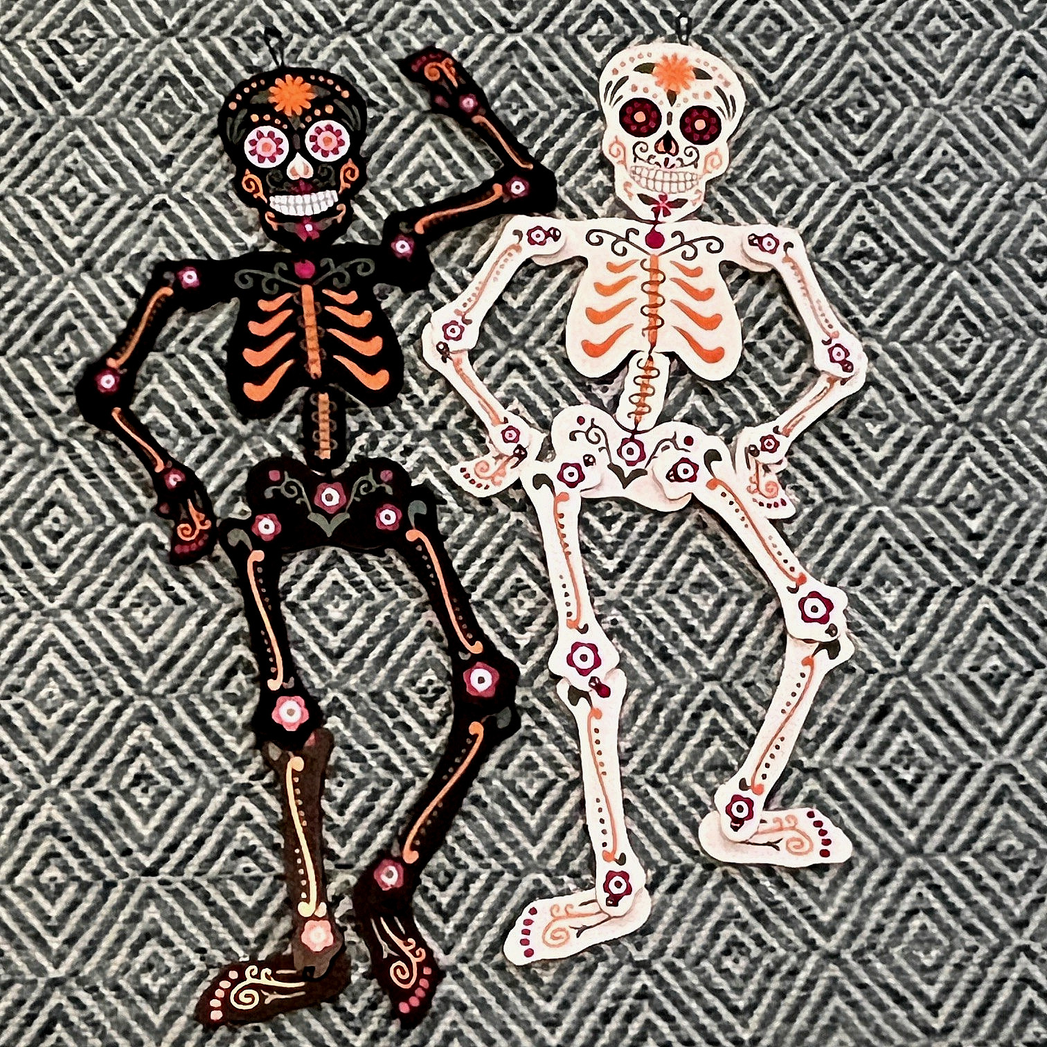 2 Halloween Hanging Fully Articulated Skeletons Day of the Dead MDF 26" L x 7" W