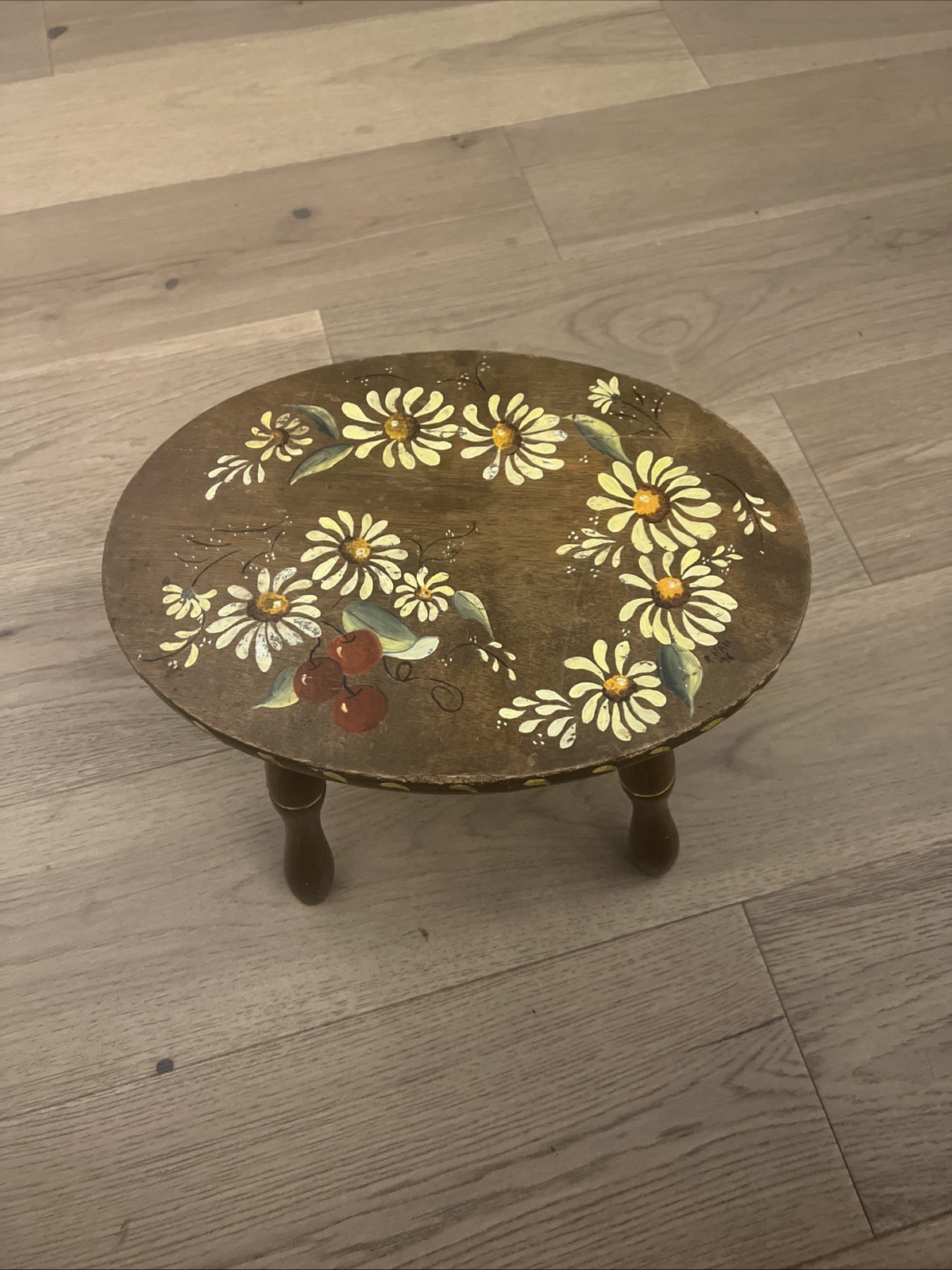 Vintage 1971  Hand Painted Wooden Stool - Flowers & Cherries 12.5 “L 9.5”W 9.5”H