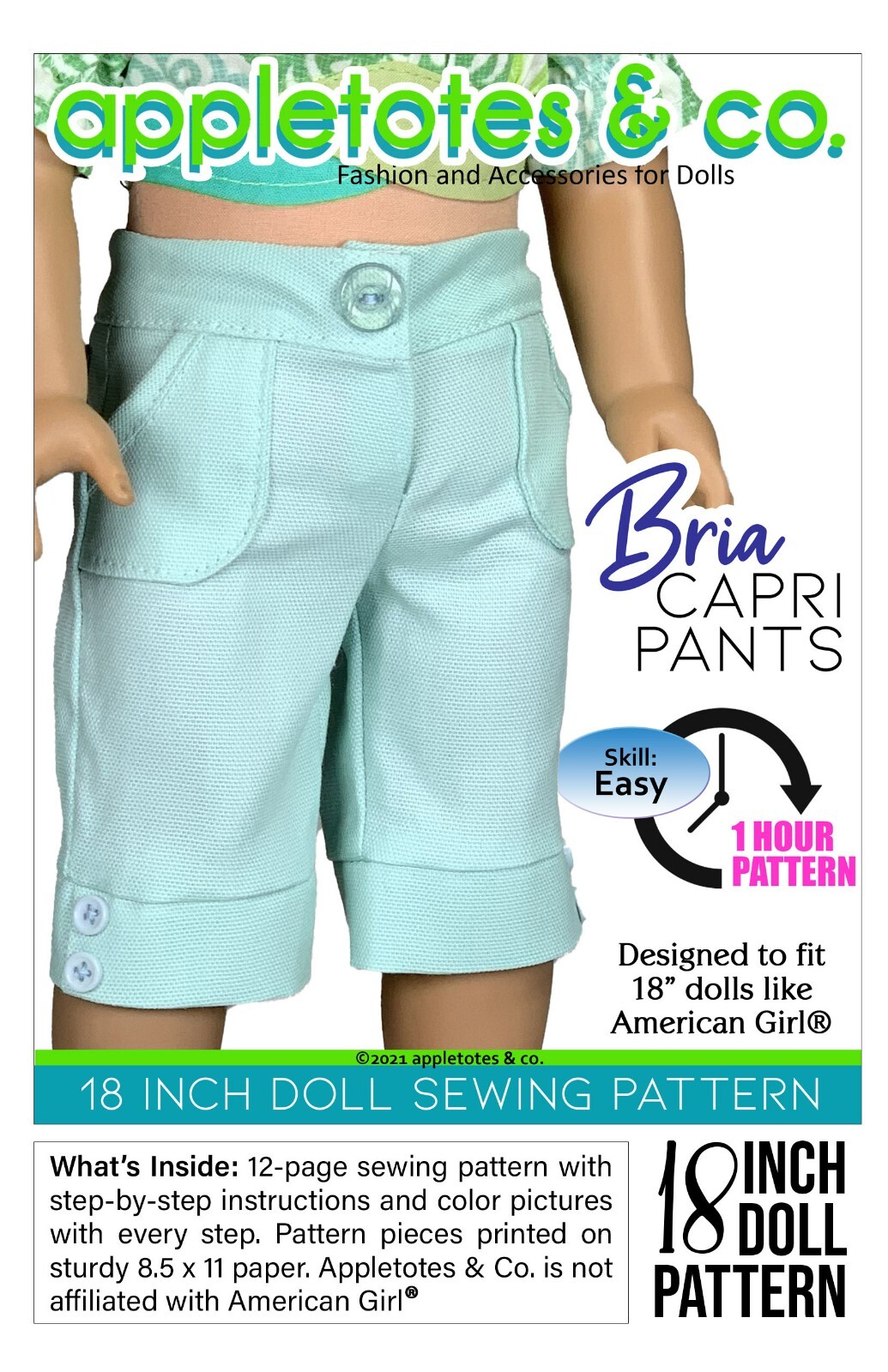 18 Inch Doll Pattern | Bria Capri Pants Fits 18" Dolls such as American Girl