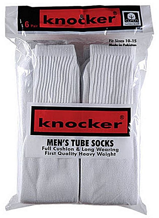 Mens 6 Pair Knocker ALL WHITE Black COTTON Tube Sock Cushion First Quality 10-15