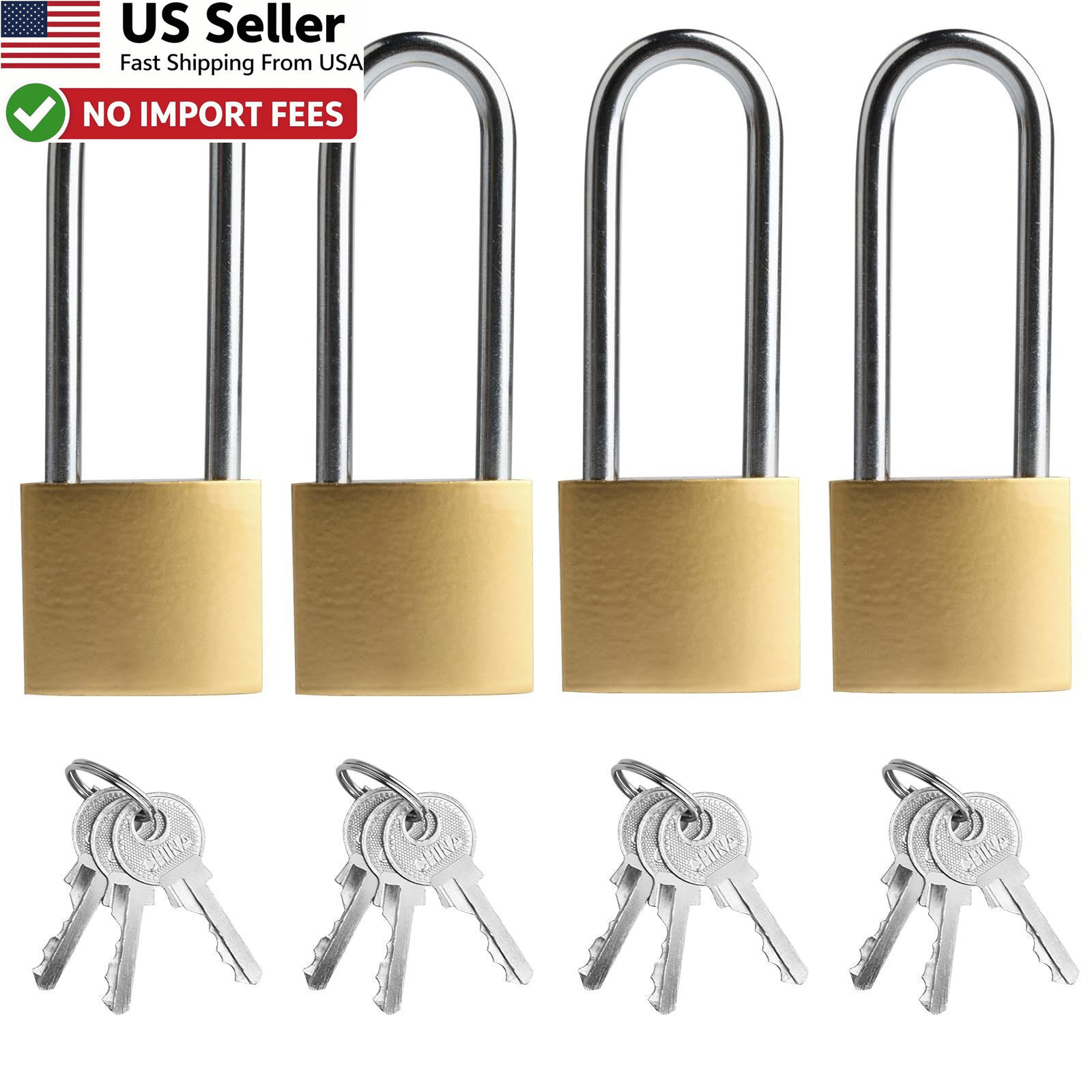 4 PCS Long Keyed Padlock Waterproof Solid Brass 3.4 Inch Same Key Lock FROM USA