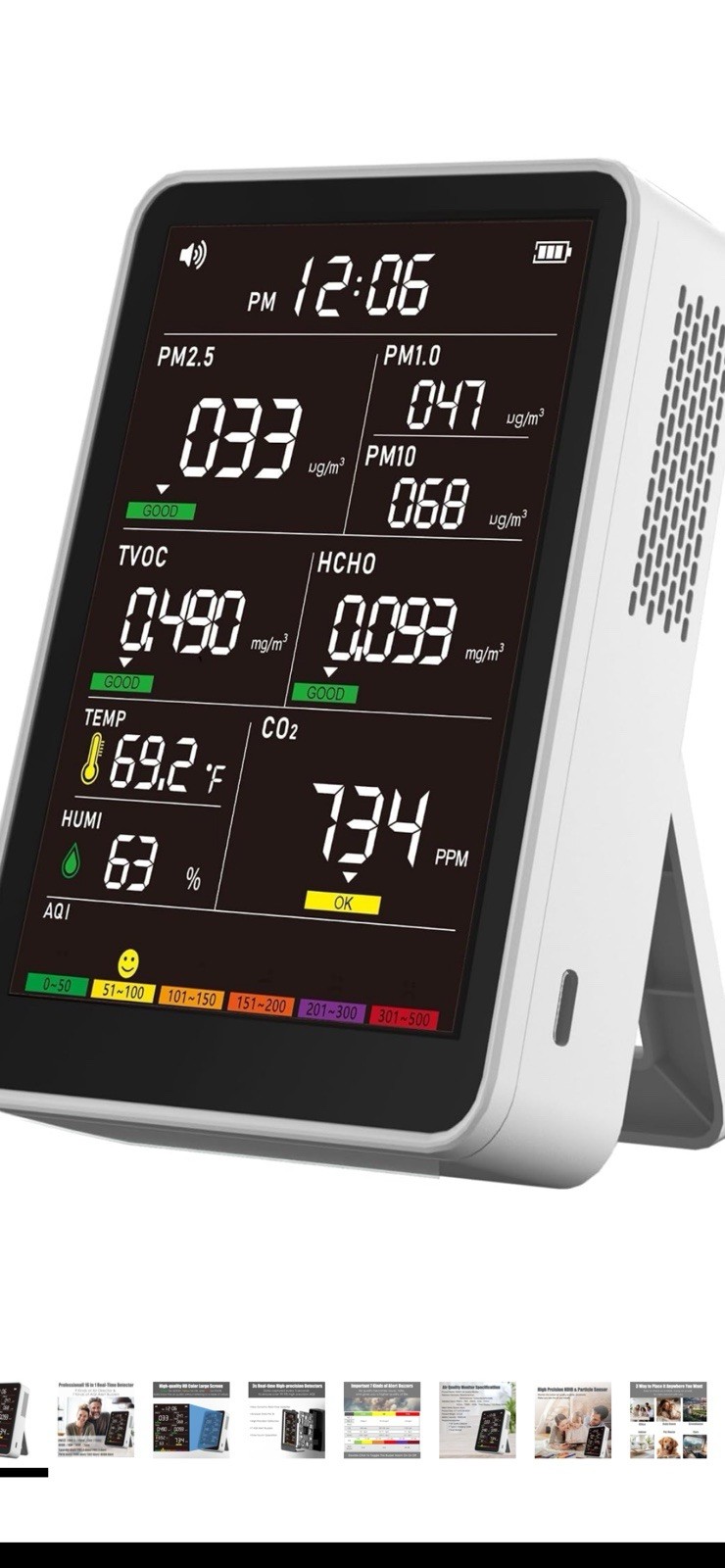 Professional Indoor Air Quality Monitor with AQI, Portable Real-Time Detector