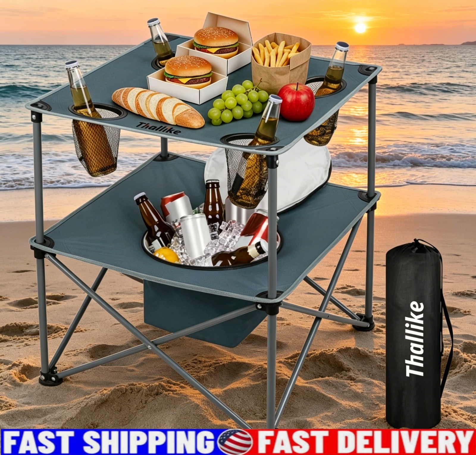Folding Beach Picnic Table with 4 Cup Holders Portable Tailgating Camping Table