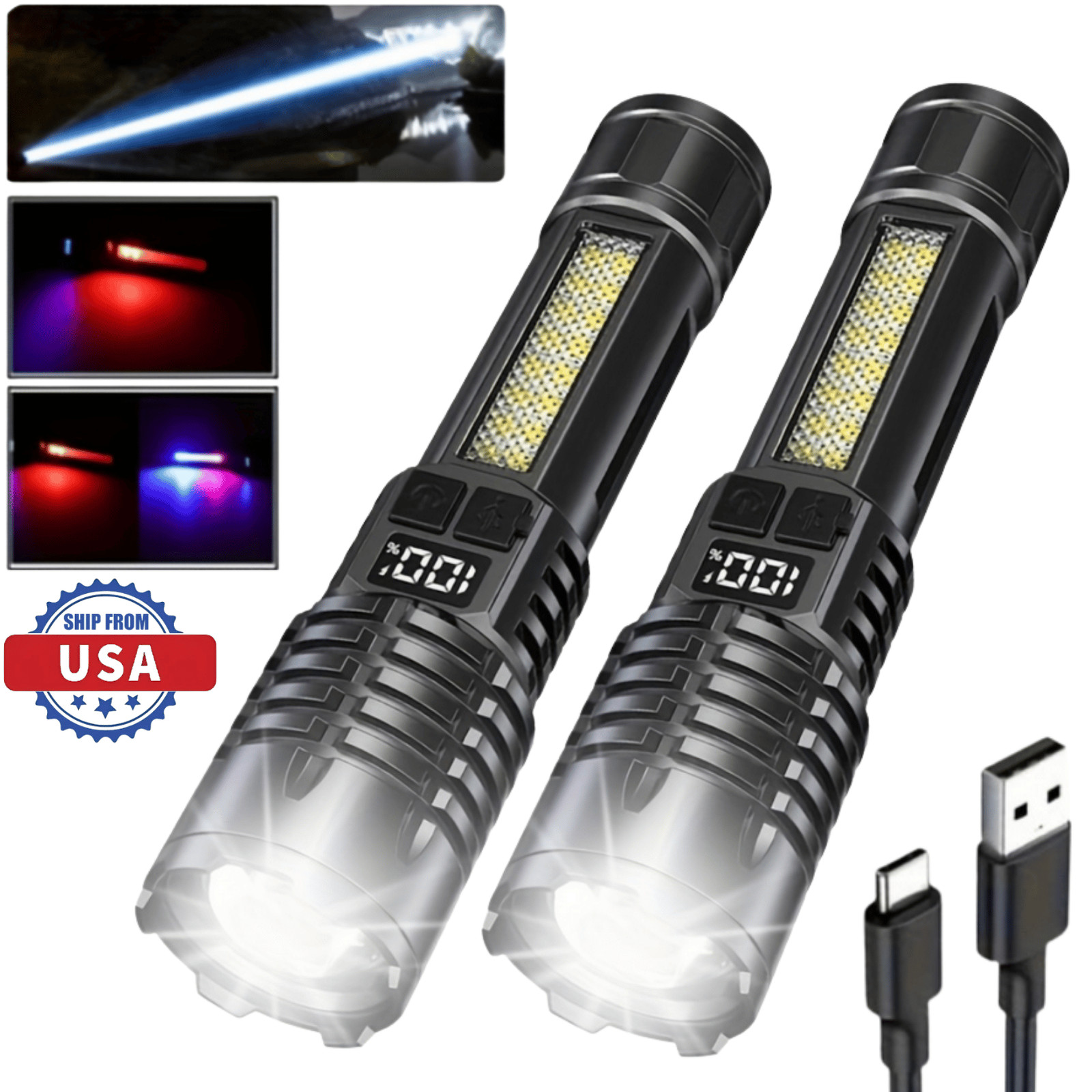 2× Rechargeable Flashlights High Lumens 5 Modes Super Bright Led Power Display