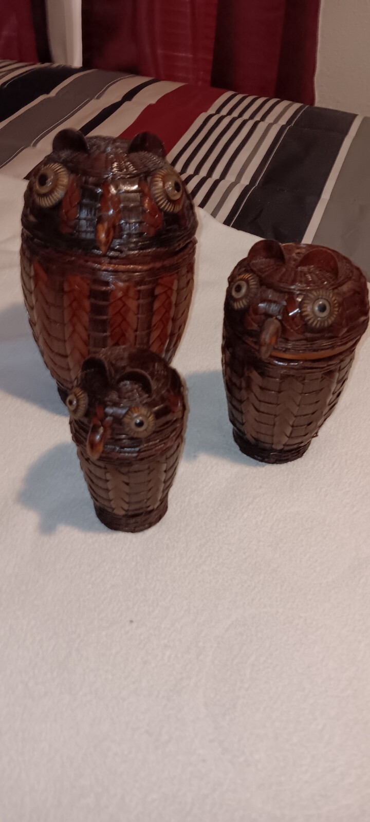 Vintage Owl Nesting Wicker Ratan Baskets LARGE Decor Set