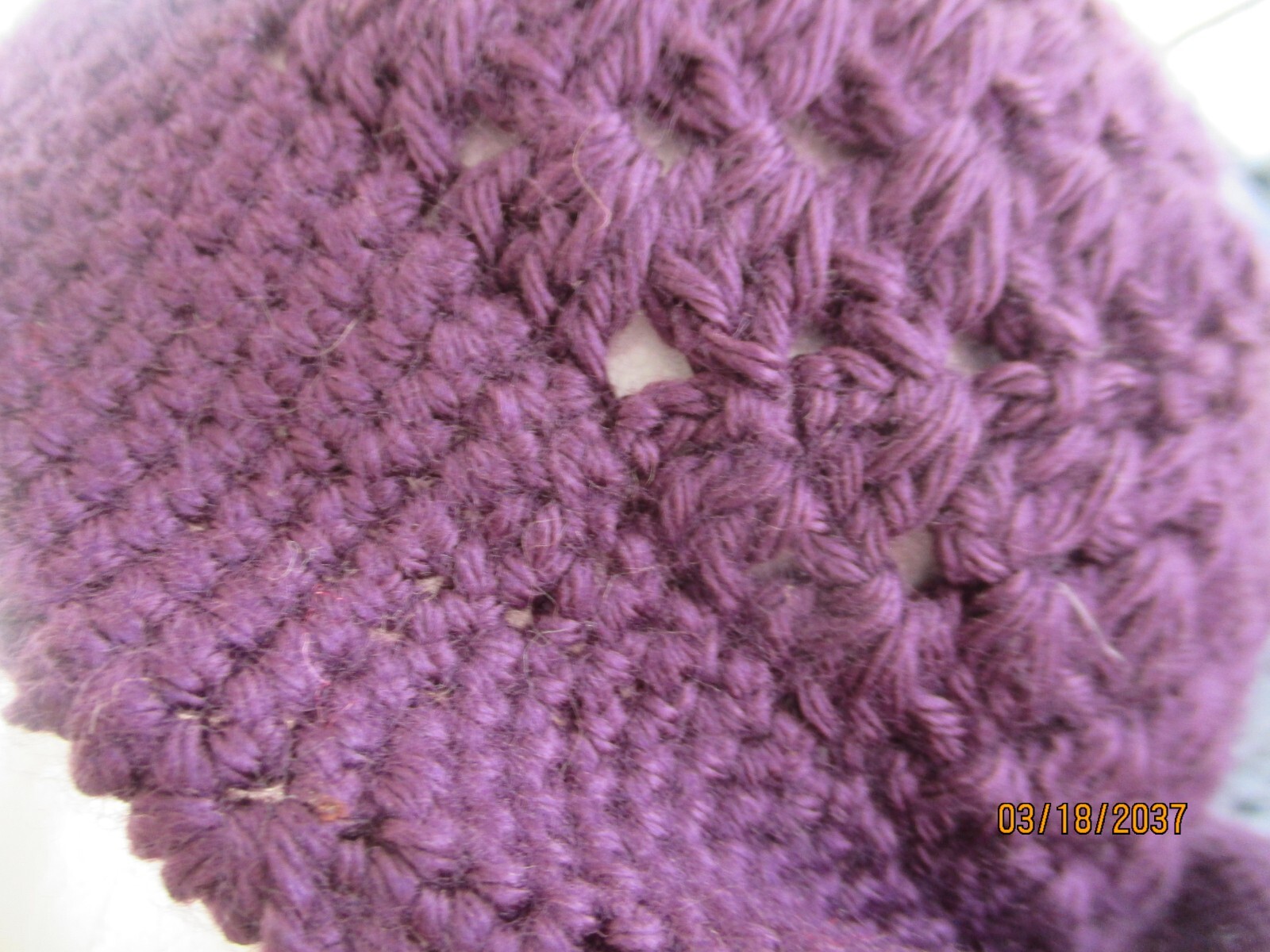 Lady's Crochet Beanie Hat DARK PLUM Popcorn Stitches Matching Brim Acrylic Adult