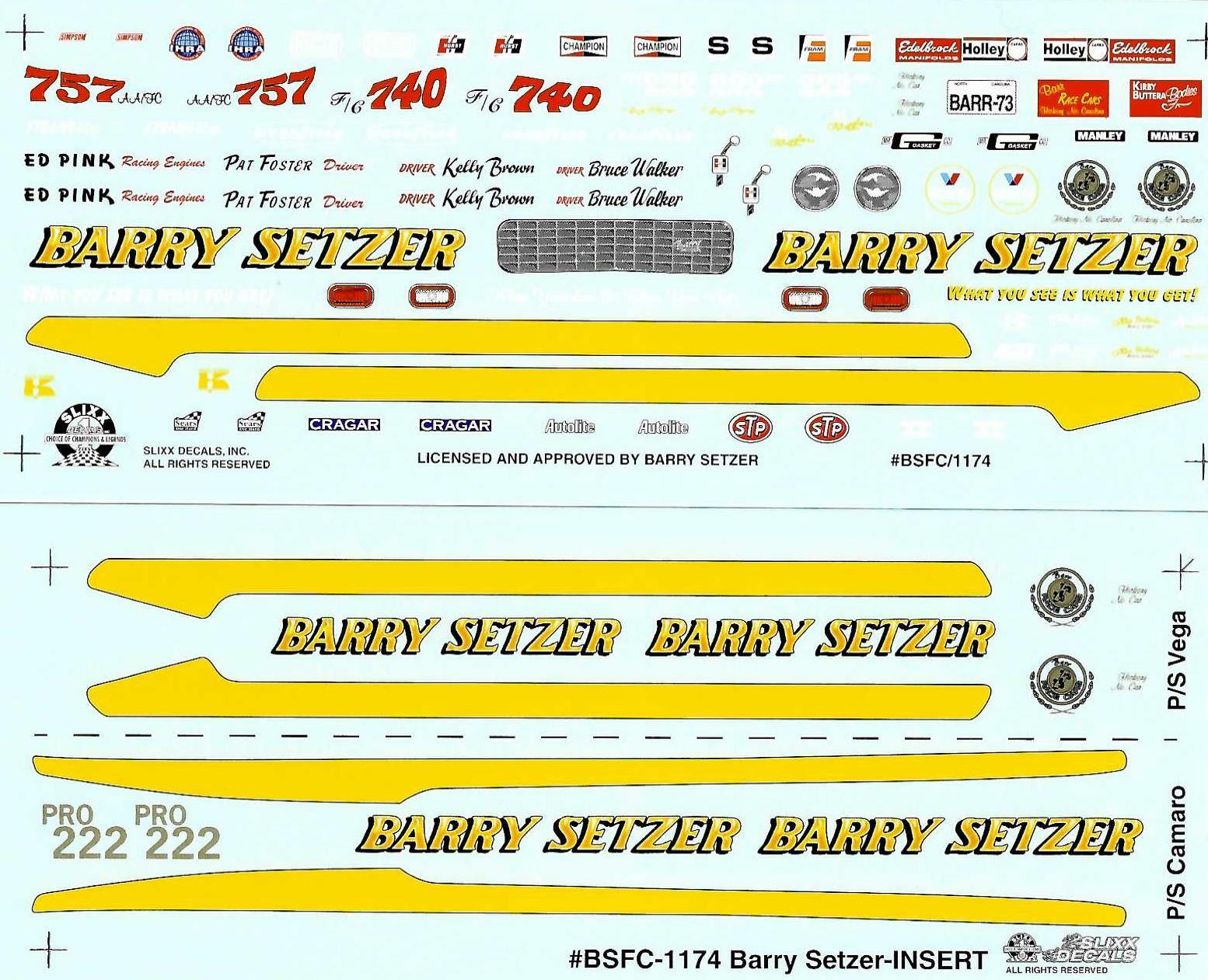 Slixx 1174 Barry Setzer Camaro/Vega P/S-Bruce Walker 1/25 waterslide Drag decal