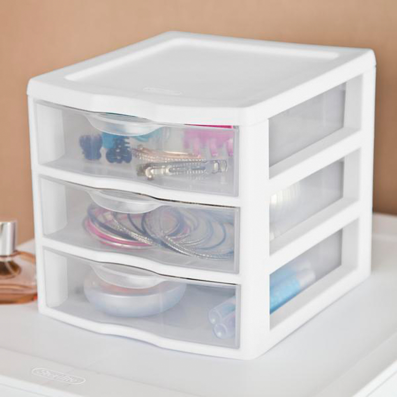 Sterilite ClearView Plastic Small 3 Drawer Desktop Storage Unit, White, 6 Pack